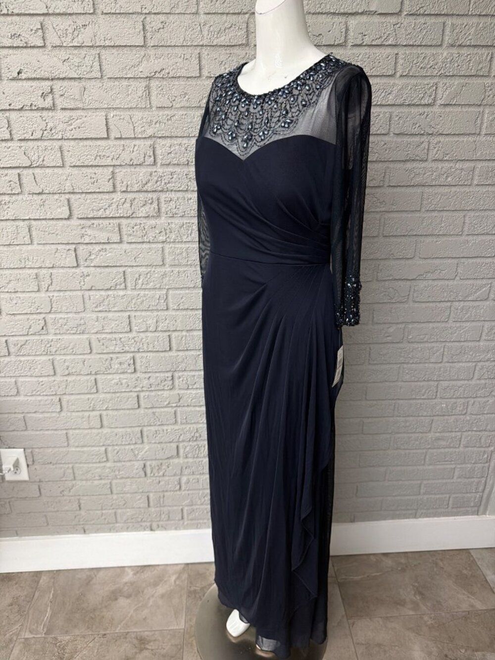 Alex Evening Illusion Beaded Navy Ruched Dress Size 12P - Picture 6 of 12
